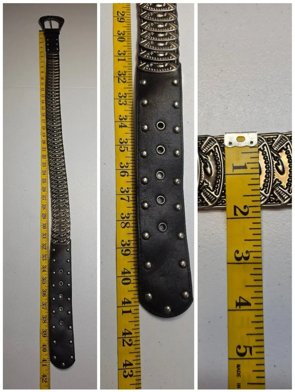 Black Stretch Belt Fishscale Oversized Hammered Metal Style Buckle Studded